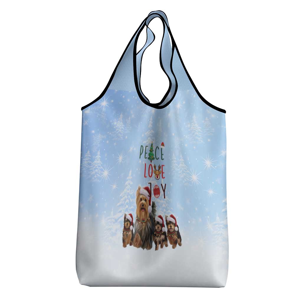 Yorkshire Terrier Dog Christmas Grocery Bag with Peace Love Joy Quote and Santa Hat Puppies in Snowy Winter Scene - Wonder Print Shop