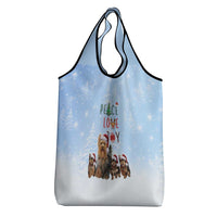 Yorkshire Terrier Dog Christmas Grocery Bag with Peace Love Joy Quote and Santa Hat Puppies in Snowy Winter Scene - Wonder Print Shop