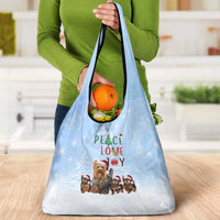 Yorkshire Terrier Dog Christmas Grocery Bag with Peace Love Joy Quote and Santa Hat Puppies in Snowy Winter Scene - Wonder Print Shop