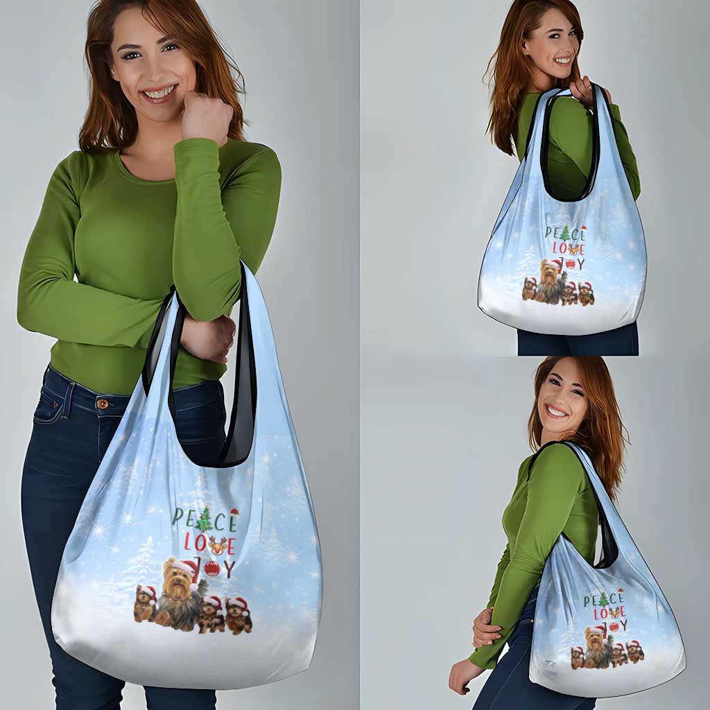 Yorkshire Terrier Dog Christmas Grocery Bag with Peace Love Joy Quote and Santa Hat Puppies in Snowy Winter Scene - Wonder Print Shop