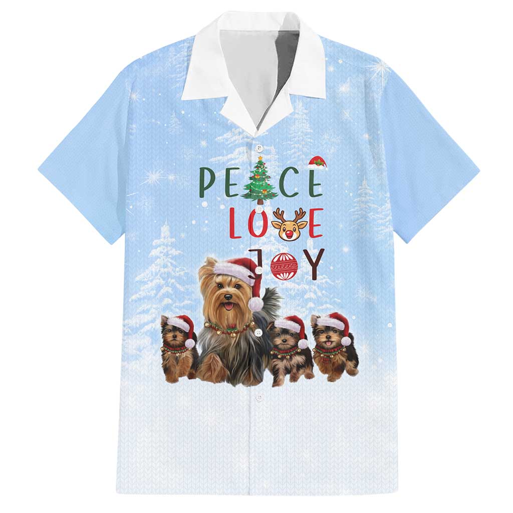 Yorkshire Terrier Dog Christmas Hawaiian Shirt with Peace Love Joy Quote and Santa Hat Puppies in Snowy Winter Scene - Wonder Print Shop