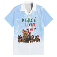 Yorkshire Terrier Dog Christmas Hawaiian Shirt with Peace Love Joy Quote and Santa Hat Puppies in Snowy Winter Scene - Wonder Print Shop