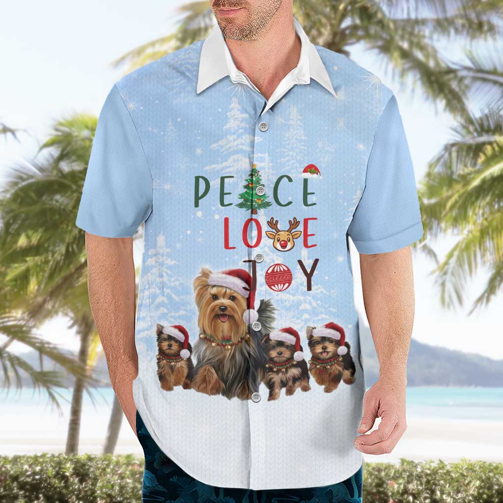 Yorkshire Terrier Dog Christmas Hawaiian Shirt with Peace Love Joy Quote and Santa Hat Puppies in Snowy Winter Scene - Wonder Print Shop