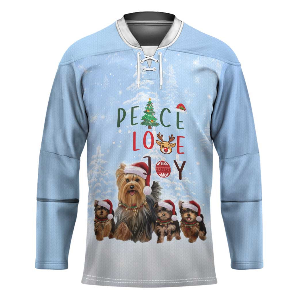 Yorkshire Terrier Dog Christmas Hockey Jersey with Peace Love Joy Quote and Santa Hat Puppies in Snowy Winter Scene - Wonder Print Shop