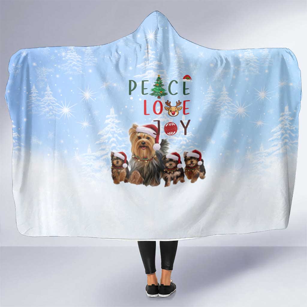 Yorkshire Terrier Dog Christmas Hooded Blanket with Peace Love Joy Quote and Santa Hat Puppies in Snowy Winter Scene - Wonder Print Shop