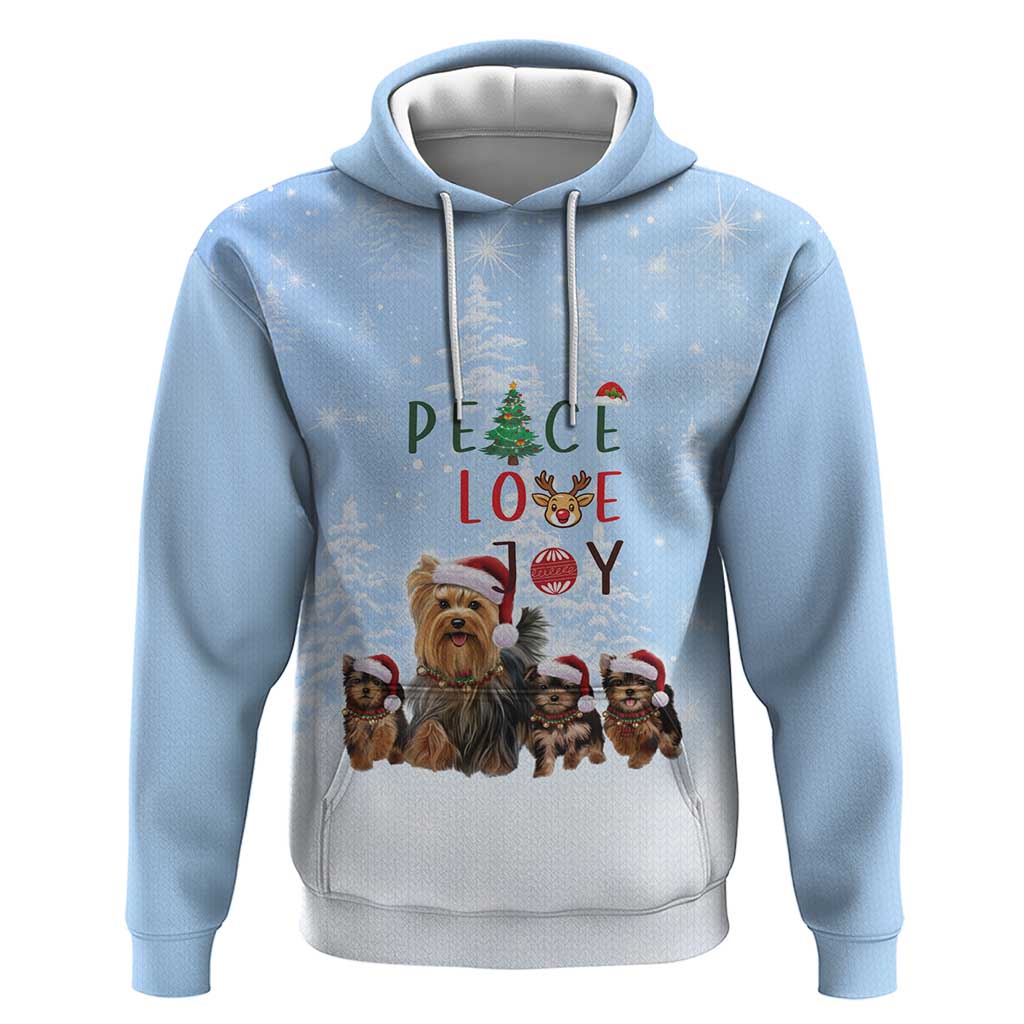 Yorkshire Terrier Dog Christmas Hoodie with Peace Love Joy Quote and Santa Hat Puppies in Snowy Winter Scene - Wonder Print Shop