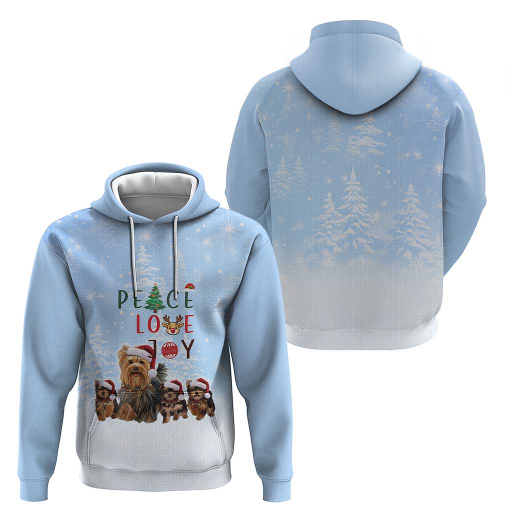 Yorkshire Terrier Dog Christmas Hoodie with Peace Love Joy Quote and Santa Hat Puppies in Snowy Winter Scene - Wonder Print Shop
