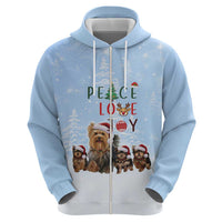 Yorkshire Terrier Dog Christmas Hoodie with Peace Love Joy Quote and Santa Hat Puppies in Snowy Winter Scene - Wonder Print Shop