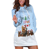 Yorkshire Terrier Dog Christmas Hoodie Dress with Peace Love Joy Quote and Santa Hat Puppies in Snowy Winter Scene - Wonder Print Shop