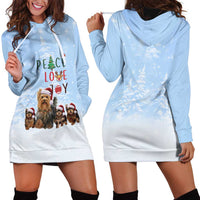Yorkshire Terrier Dog Christmas Hoodie Dress with Peace Love Joy Quote and Santa Hat Puppies in Snowy Winter Scene - Wonder Print Shop