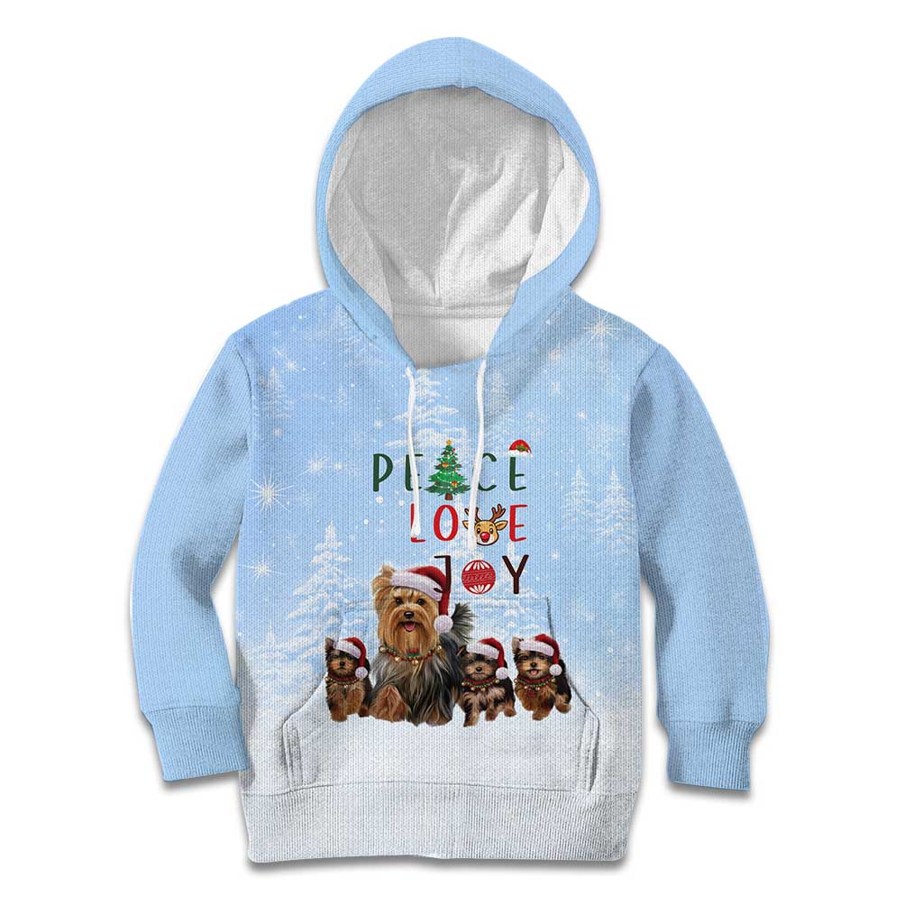 Yorkshire Terrier Dog Christmas Kid Hoodie with Peace Love Joy Quote and Santa Hat Puppies in Snowy Winter Scene - Wonder Print Shop