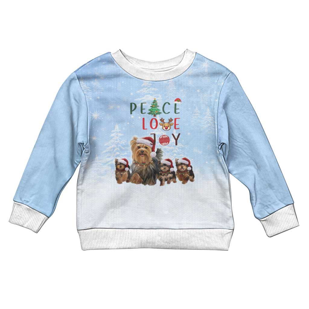 Yorkshire Terrier Dog Christmas Kid Ugly Christmas Sweater with Peace Love Joy Quote and Santa Hat Puppies in Snowy Winter Scene - Wonder Print Shop