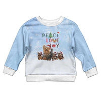 Yorkshire Terrier Dog Christmas Kid Ugly Christmas Sweater with Peace Love Joy Quote and Santa Hat Puppies in Snowy Winter Scene - Wonder Print Shop