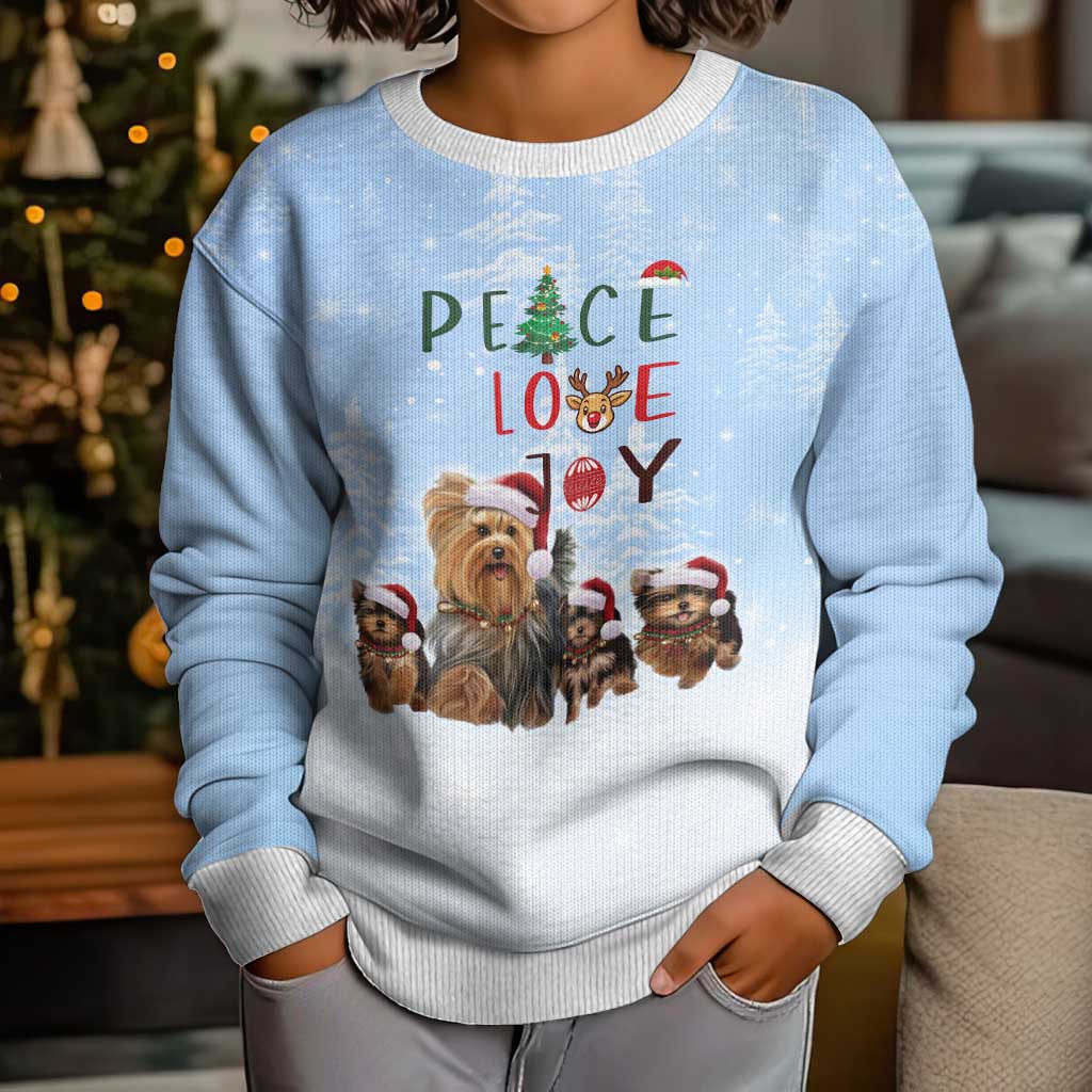 Yorkshire Terrier Dog Christmas Kid Ugly Christmas Sweater with Peace Love Joy Quote and Santa Hat Puppies in Snowy Winter Scene - Wonder Print Shop