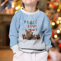 Yorkshire Terrier Dog Christmas Kid Ugly Christmas Sweater with Peace Love Joy Quote and Santa Hat Puppies in Snowy Winter Scene - Wonder Print Shop