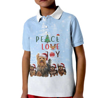 Yorkshire Terrier Dog Christmas Kid Polo Shirt with Peace Love Joy Quote and Santa Hat Puppies in Snowy Winter Scene - Wonder Print Shop