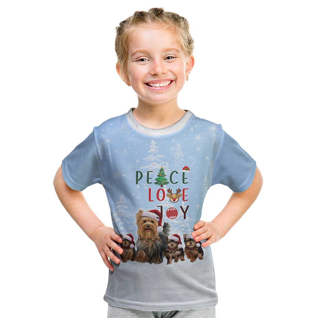 Yorkshire Terrier Dog Christmas Kid T Shirt with Peace Love Joy Quote and Santa Hat Puppies in Snowy Winter Scene - Wonder Print Shop