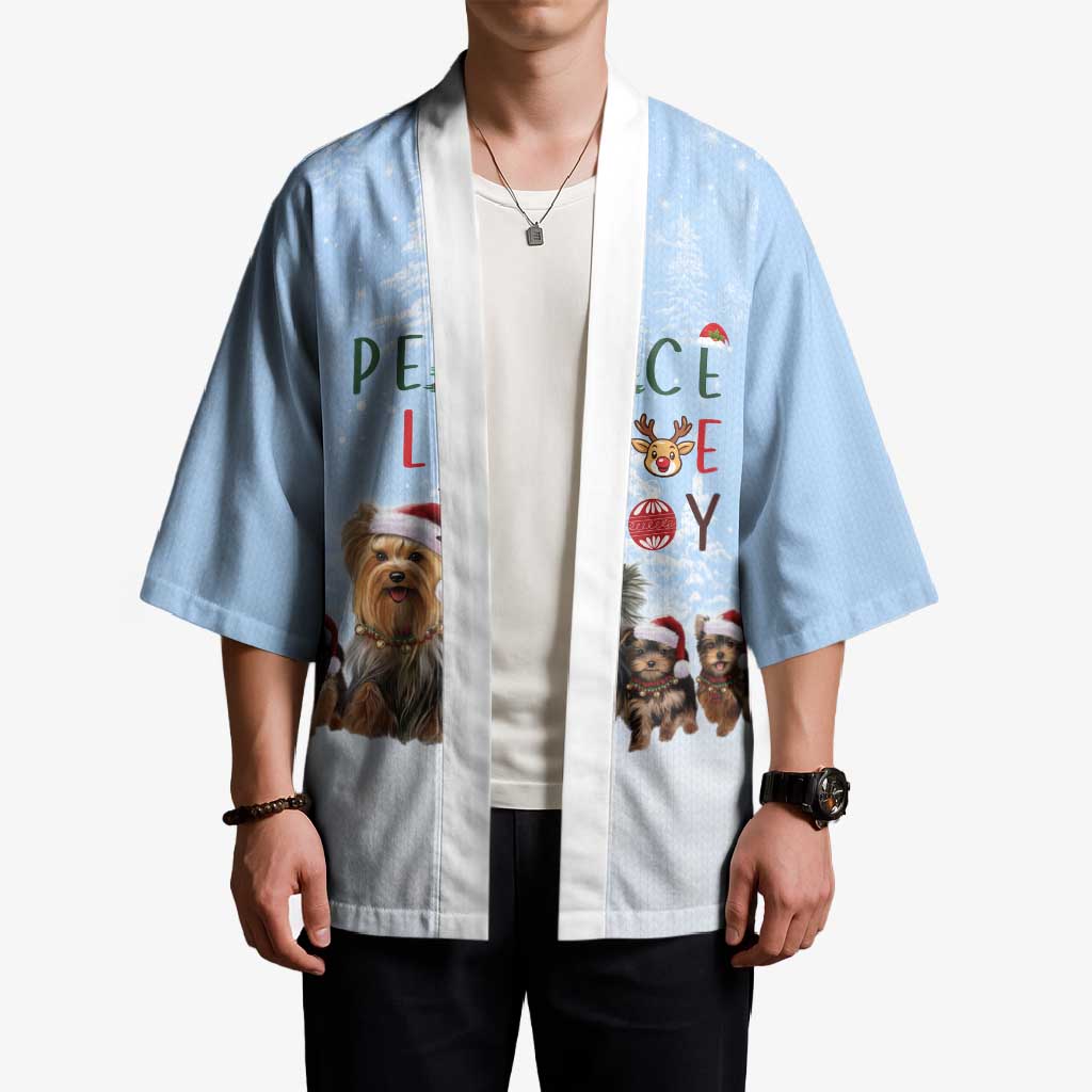 Yorkshire Terrier Dog Christmas Kimono with Peace Love Joy Quote and Santa Hat Puppies in Snowy Winter Scene - Wonder Print Shop