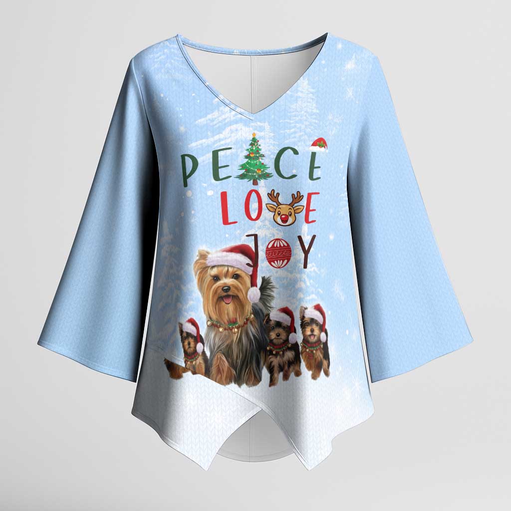 Yorkshire Terrier Dog Christmas Kimono Sleeve Blouse with Peace Love Joy Quote and Santa Hat Puppies in Snowy Winter Scene - Wonder Print Shop
