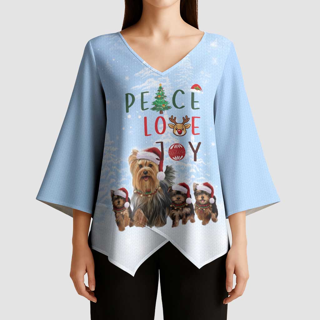 Yorkshire Terrier Dog Christmas Kimono Sleeve Blouse with Peace Love Joy Quote and Santa Hat Puppies in Snowy Winter Scene - Wonder Print Shop