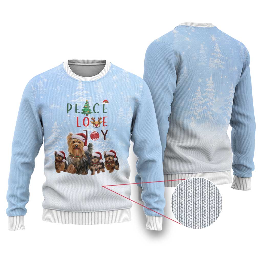 Yorkshire Terrier Dog Christmas Ugly Christmas Sweater with Peace Love Joy Quote and Santa Hat Puppies in Snowy Winter Scene - Wonder Print Shop