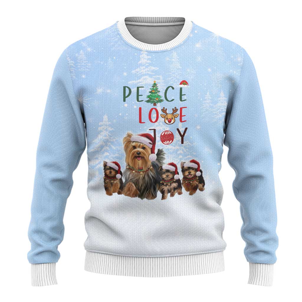 Yorkshire Terrier Dog Christmas Ugly Christmas Sweater with Peace Love Joy Quote and Santa Hat Puppies in Snowy Winter Scene - Wonder Print Shop