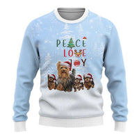 Yorkshire Terrier Dog Christmas Ugly Christmas Sweater with Peace Love Joy Quote and Santa Hat Puppies in Snowy Winter Scene - Wonder Print Shop