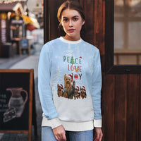 Yorkshire Terrier Dog Christmas Ugly Christmas Sweater with Peace Love Joy Quote and Santa Hat Puppies in Snowy Winter Scene - Wonder Print Shop