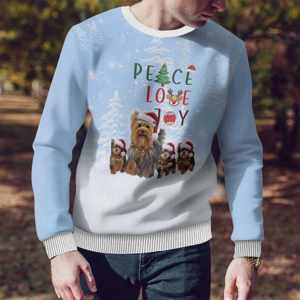 Yorkshire Terrier Dog Christmas Ugly Christmas Sweater with Peace Love Joy Quote and Santa Hat Puppies in Snowy Winter Scene - Wonder Print Shop