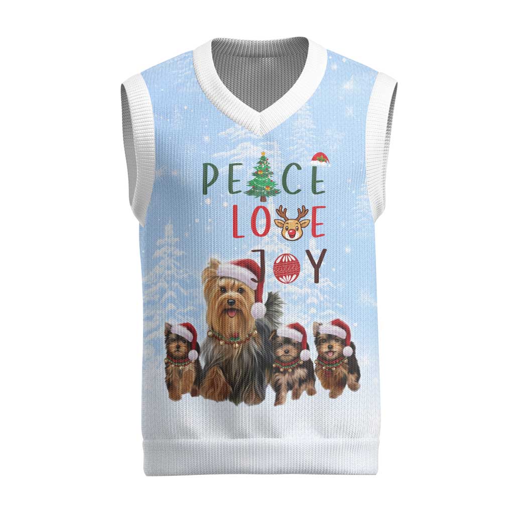 Yorkshire Terrier Dog Christmas Knitted V-Neck Vest with Peace Love Joy Quote and Santa Hat Puppies in Snowy Winter Scene - Wonder Print Shop