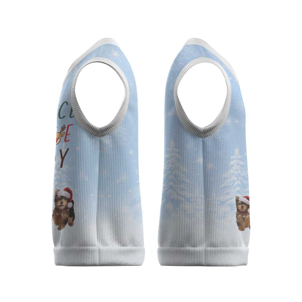 Yorkshire Terrier Dog Christmas Knitted V-Neck Vest with Peace Love Joy Quote and Santa Hat Puppies in Snowy Winter Scene - Wonder Print Shop