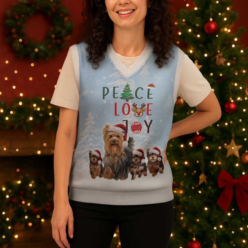 Yorkshire Terrier Dog Christmas Knitted V-Neck Vest with Peace Love Joy Quote and Santa Hat Puppies in Snowy Winter Scene - Wonder Print Shop
