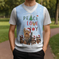 Yorkshire Terrier Dog Christmas Knitted V-Neck Vest with Peace Love Joy Quote and Santa Hat Puppies in Snowy Winter Scene - Wonder Print Shop