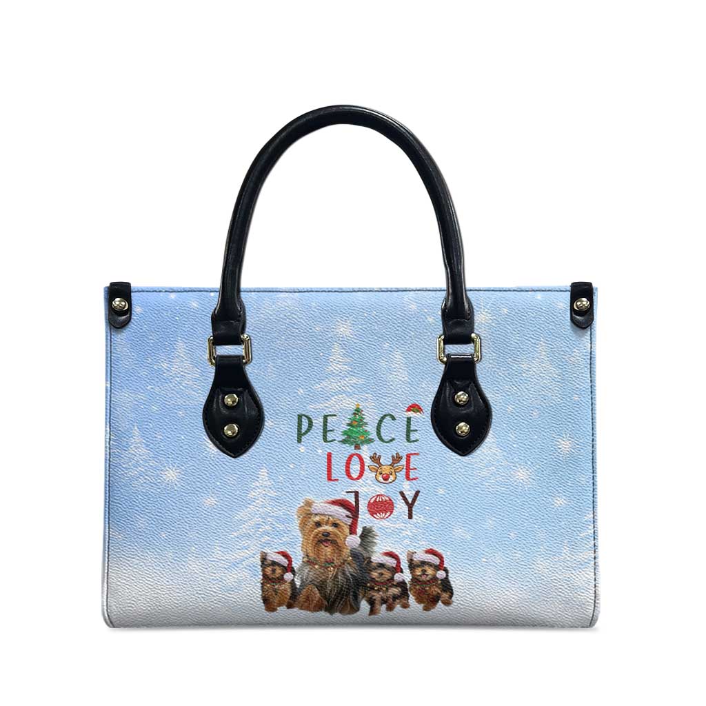 Yorkshire Terrier Dog Christmas Leather Bag with Peace Love Joy Quote and Santa Hat Puppies in Snowy Winter Scene - Wonder Print Shop