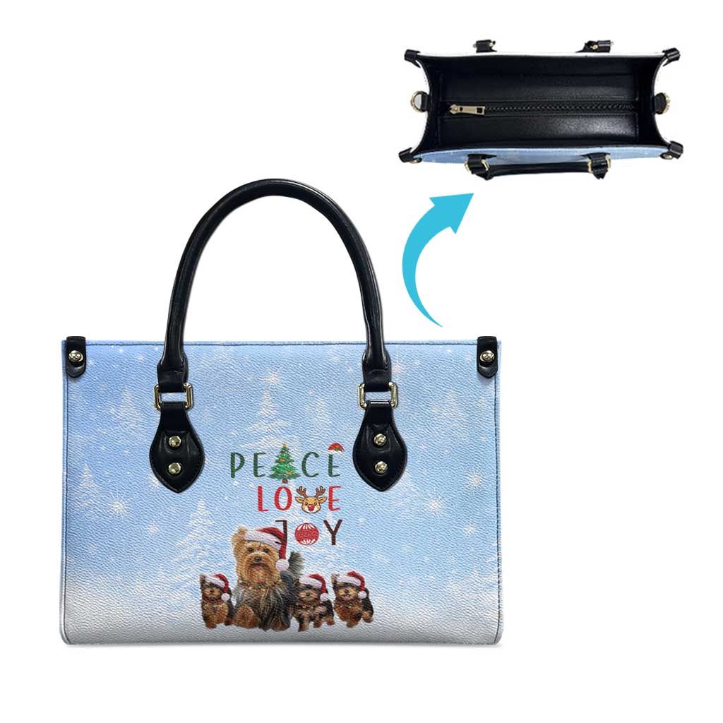 Yorkshire Terrier Dog Christmas Leather Bag with Peace Love Joy Quote and Santa Hat Puppies in Snowy Winter Scene - Wonder Print Shop