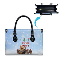 Yorkshire Terrier Dog Christmas Leather Bag with Peace Love Joy Quote and Santa Hat Puppies in Snowy Winter Scene - Wonder Print Shop