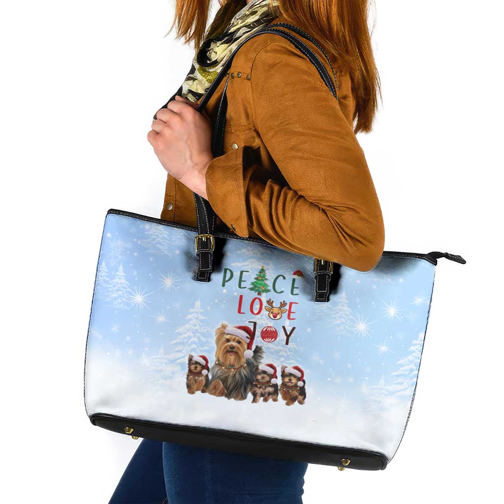 Yorkshire Terrier Dog Christmas Leather Tote Bag with Peace Love Joy Quote and Santa Hat Puppies in Snowy Winter Scene - Wonder Print Shop