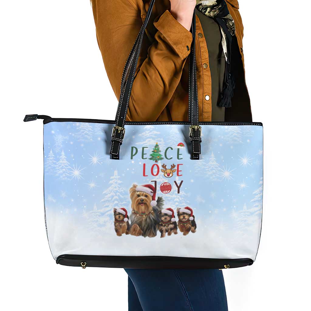 Yorkshire Terrier Dog Christmas Leather Tote Bag with Peace Love Joy Quote and Santa Hat Puppies in Snowy Winter Scene - Wonder Print Shop