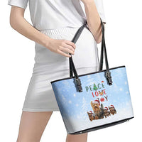 Yorkshire Terrier Dog Christmas Leather Tote Bag with Peace Love Joy Quote and Santa Hat Puppies in Snowy Winter Scene - Wonder Print Shop