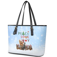 Yorkshire Terrier Dog Christmas Leather Tote Bag with Peace Love Joy Quote and Santa Hat Puppies in Snowy Winter Scene - Wonder Print Shop