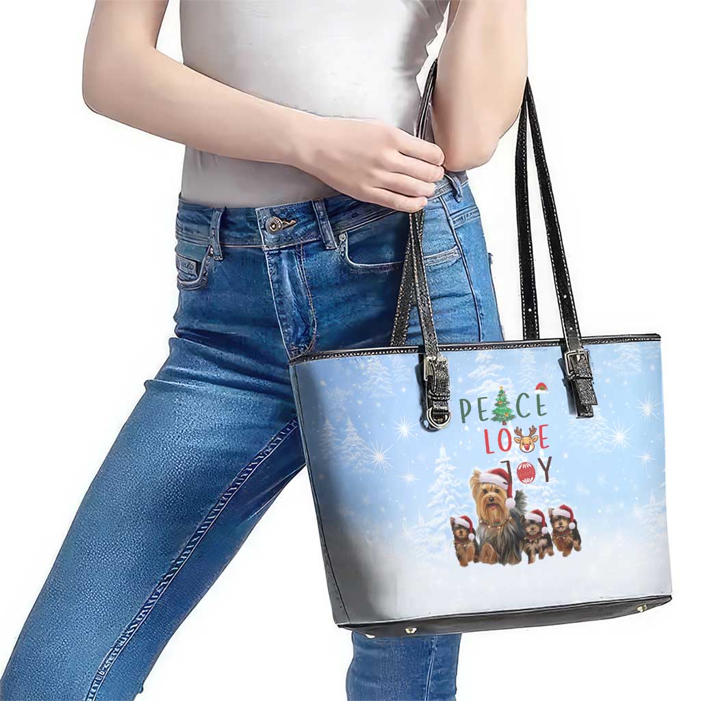 Yorkshire Terrier Dog Christmas Leather Tote Bag with Peace Love Joy Quote and Santa Hat Puppies in Snowy Winter Scene - Wonder Print Shop