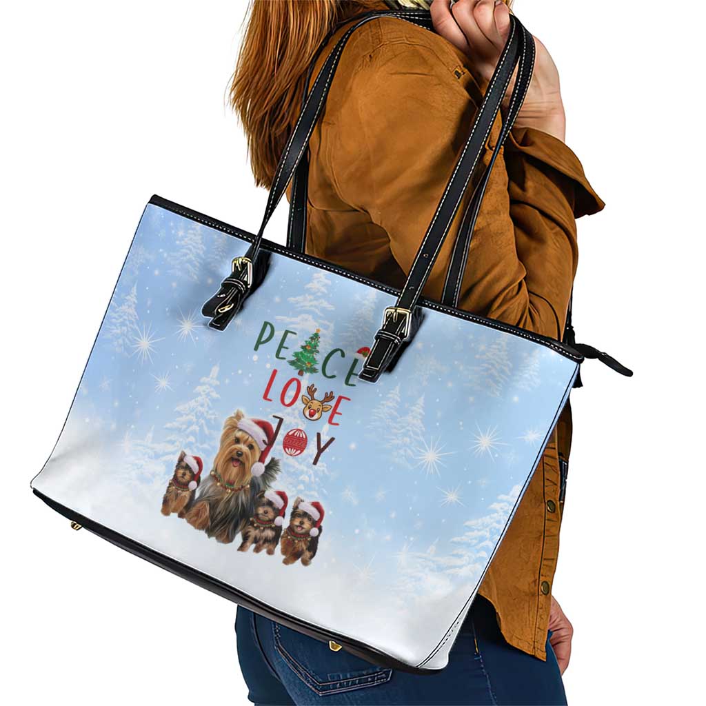 Yorkshire Terrier Dog Christmas Leather Tote Bag with Peace Love Joy Quote and Santa Hat Puppies in Snowy Winter Scene - Wonder Print Shop