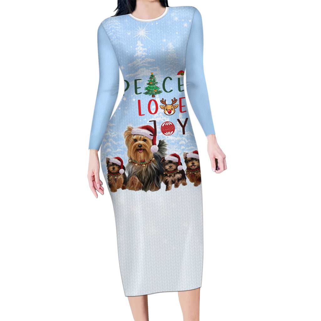 Yorkshire Terrier Dog Christmas Long Sleeve Bodycon Dress with Peace Love Joy Quote and Santa Hat Puppies in Snowy Winter Scene - Wonder Print Shop