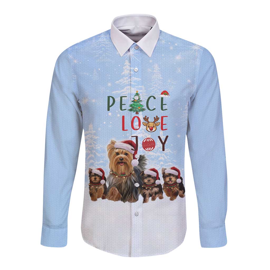 Yorkshire Terrier Dog Christmas Long Sleeve Button Shirt with Peace Love Joy Quote and Santa Hat Puppies in Snowy Winter Scene - Wonder Print Shop