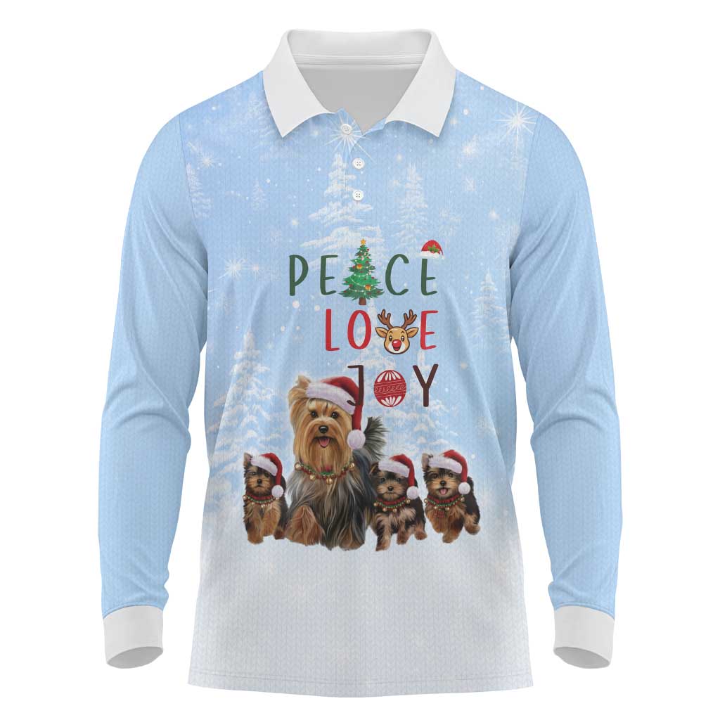 Yorkshire Terrier Dog Christmas Long Sleeve Polo Shirt with Peace Love Joy Quote and Santa Hat Puppies in Snowy Winter Scene - Wonder Print Shop