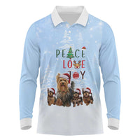 Yorkshire Terrier Dog Christmas Long Sleeve Polo Shirt with Peace Love Joy Quote and Santa Hat Puppies in Snowy Winter Scene - Wonder Print Shop