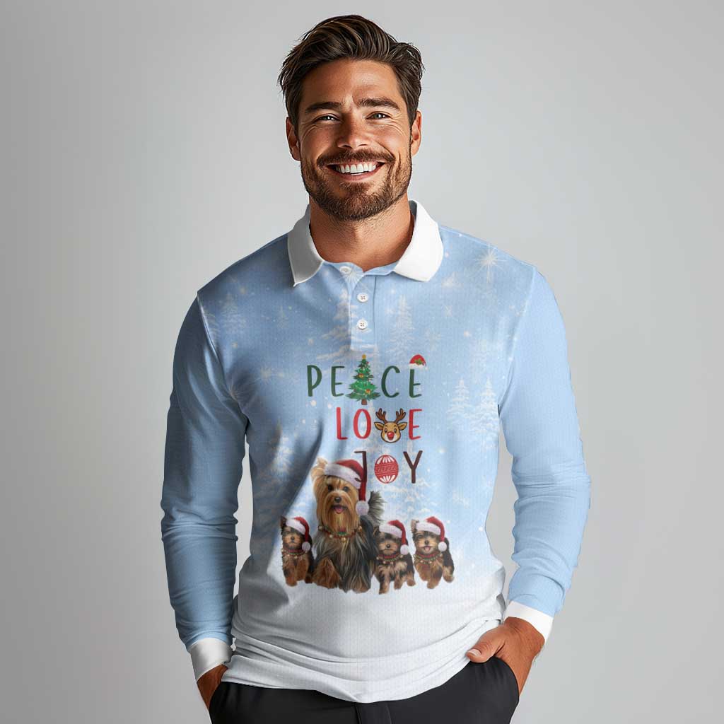 Yorkshire Terrier Dog Christmas Long Sleeve Polo Shirt with Peace Love Joy Quote and Santa Hat Puppies in Snowy Winter Scene - Wonder Print Shop