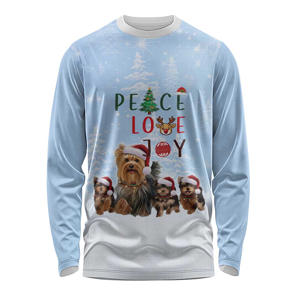 Yorkshire Terrier Dog Christmas Long Sleeve Shirt with Peace Love Joy Quote and Santa Hat Puppies in Snowy Winter Scene - Wonder Print Shop