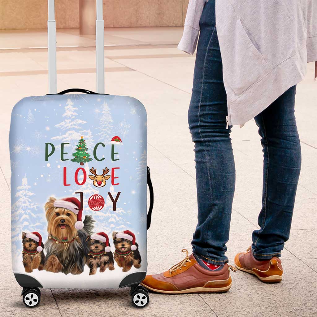 Yorkshire Terrier Dog Christmas Luggage Cover with Peace Love Joy Quote and Santa Hat Puppies in Snowy Winter Scene - Wonder Print Shop