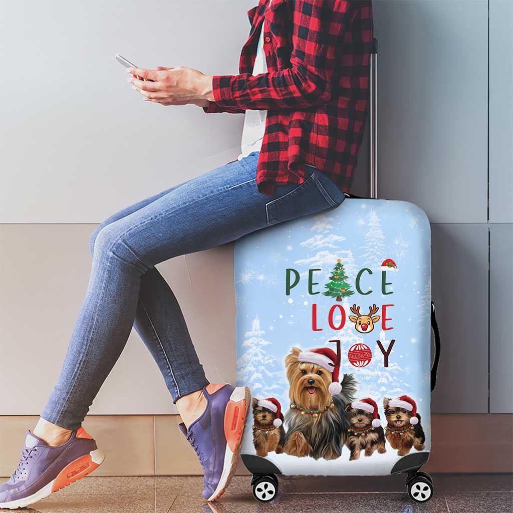 Yorkshire Terrier Dog Christmas Luggage Cover with Peace Love Joy Quote and Santa Hat Puppies in Snowy Winter Scene - Wonder Print Shop
